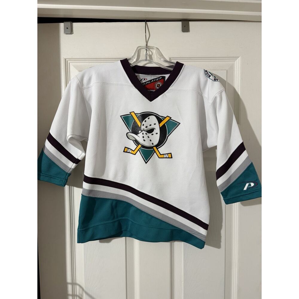 Vintage Pro Player Anaheim Mighty Ducks Jersey Youth Sz L 7 NHL Movie Disney